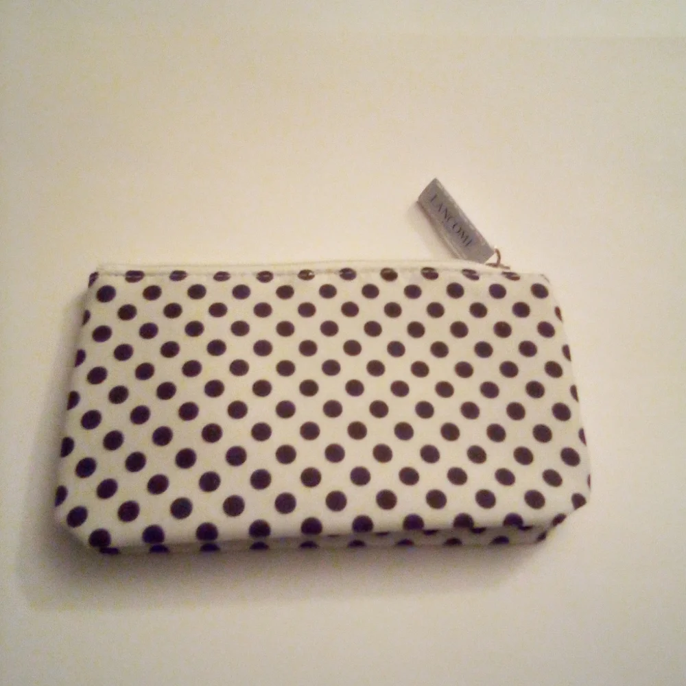 Lancome Paris Cosmetic Pouch Zipper Closure White With Black Polka Dots